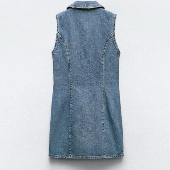 ZARA TRF FITTED DENIM DRESS SHORT SLEEVES MINI DRESS BLUE - Picture 3 of 8